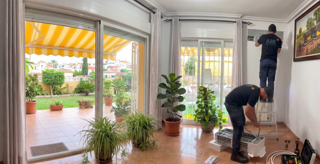 Técnicos de ABK Climatización instalando aire acondicionado en Madrid
